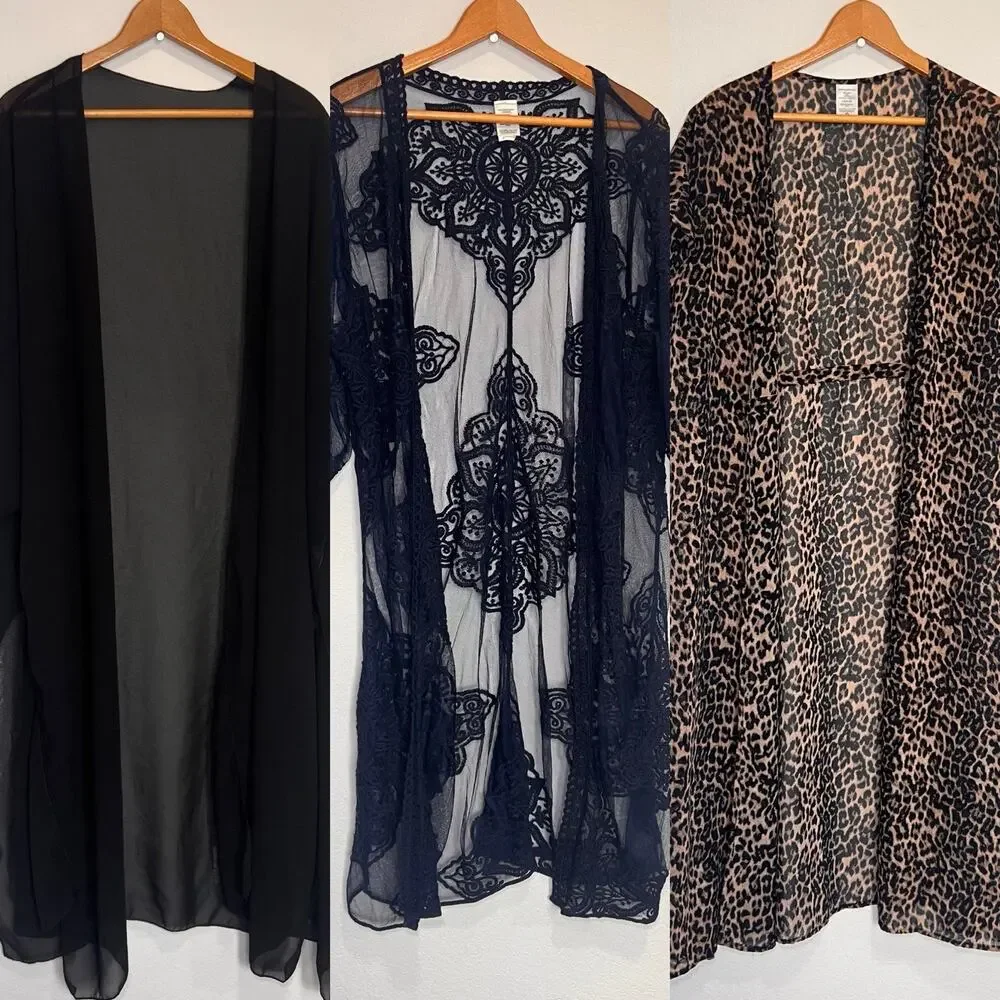 Swim Cover Ups Size L Black, Navy, Leopard Sheer Long Kimono Resortwear Lot Of 3